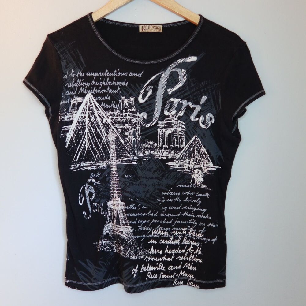 Blue Canyon Paris Travel T-Shirt Womens XL Black Crew Neck Short Sleeve